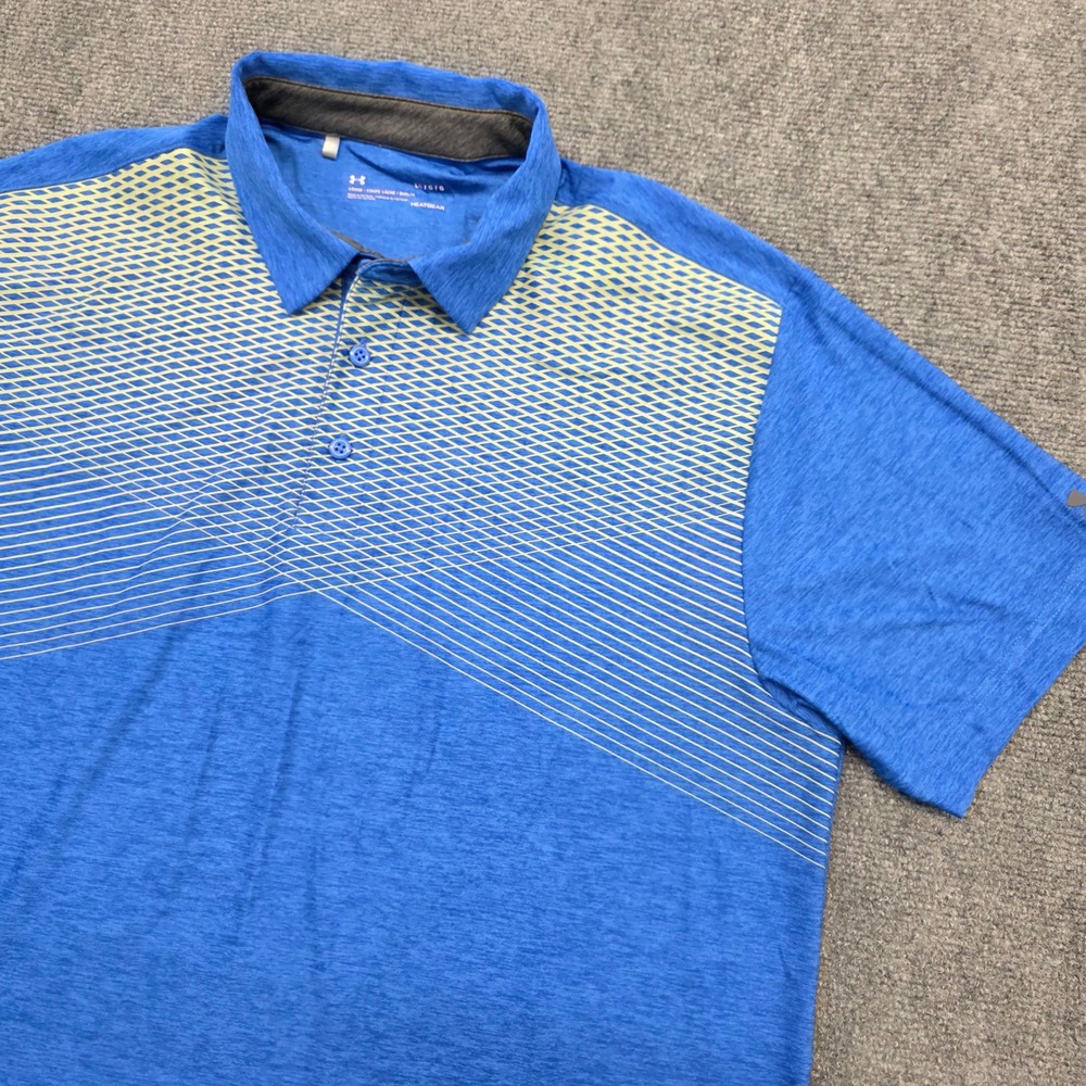 Under Armour HeatGear Mens Large Blue Geometric Print Golf Polo Shirt L/G/G